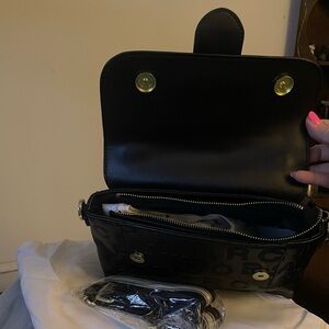 Black Leather Shoulder Bag, Handbag with Gold Accents